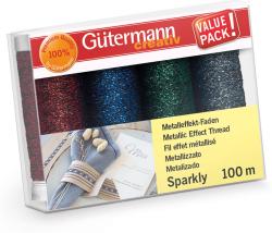 Gütermann Sparkly Metalleffektfaden-Set 4 x 100 m BLAU-ROT-GRÜN-GRAU Modell: 2